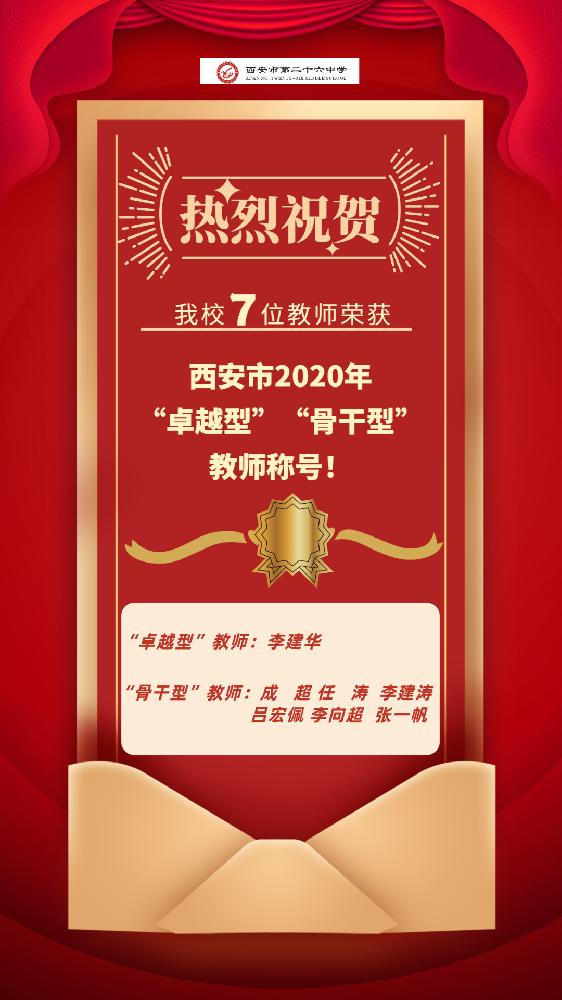 西安市第二十六中“名校+”教育联合体7名教师荣获西安市2020年“卓越型”教师、“骨干型”教师称号